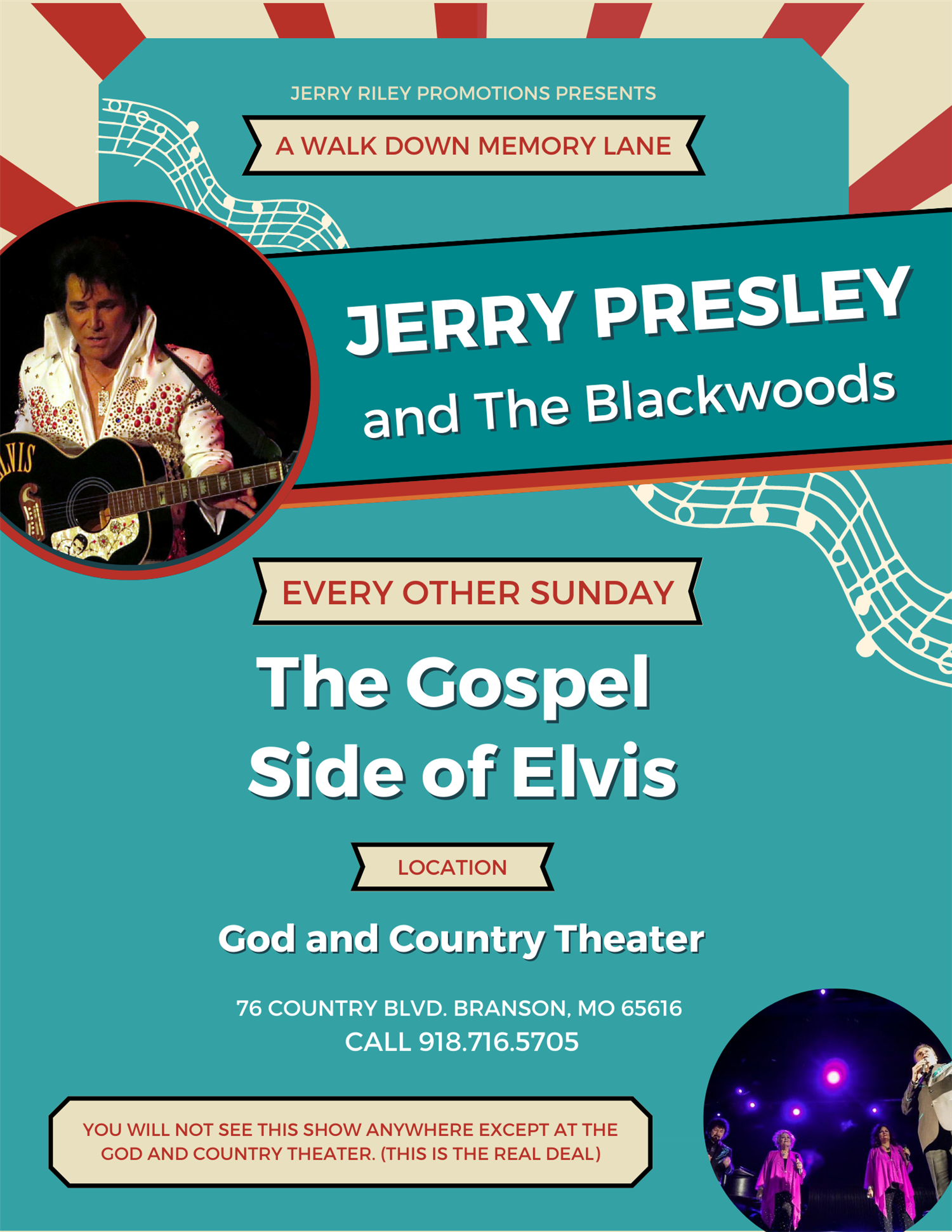 Jerry Presley & The Blackwoods - Present - The Gospel Side Of Elvis Every Other Sunday on Oct 02, 00:00@God and Country Theater - Pick a seat, Buy tickets and Get information on Jerry Riley Promotions 