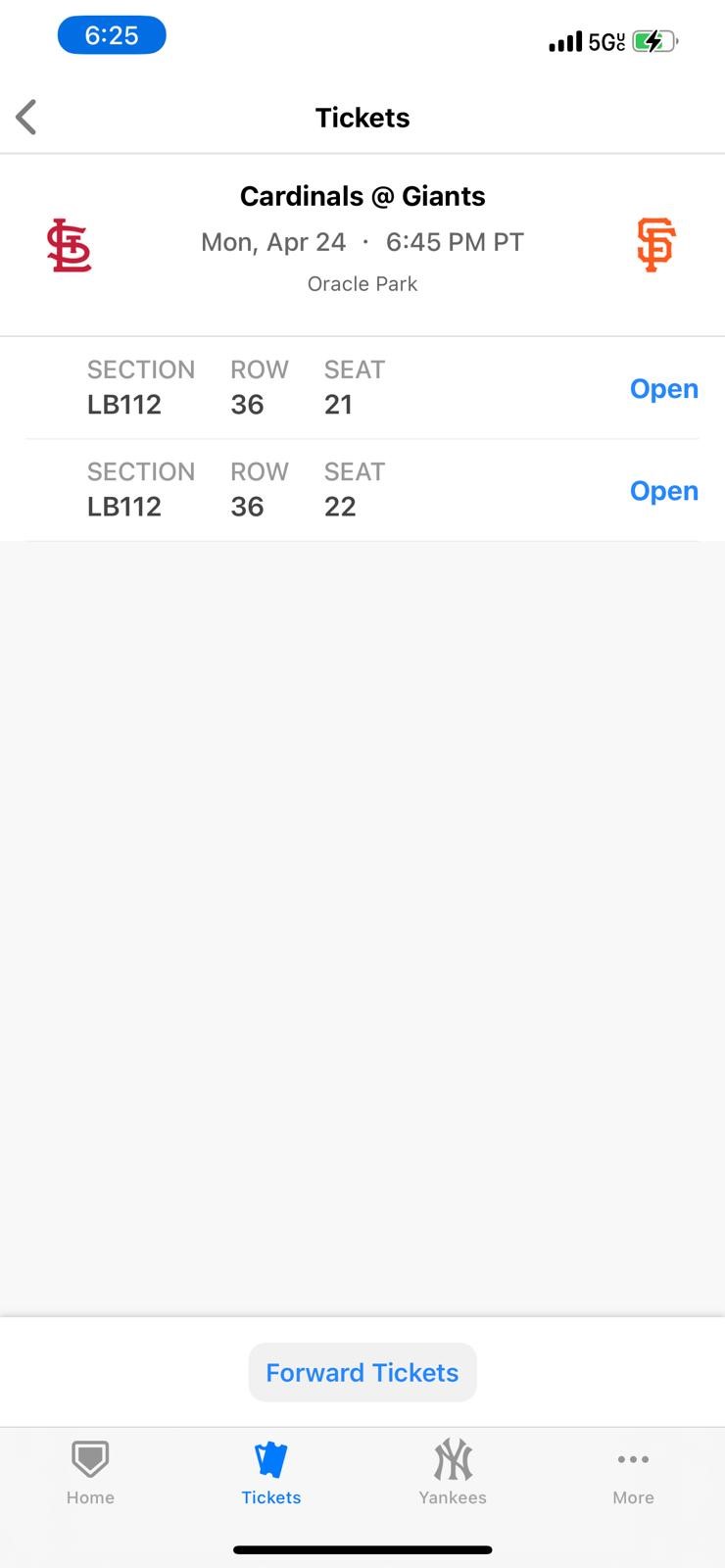 2 tickets MLB cardinals @ giants Section LB112 row 36 seat 21 and 22 image