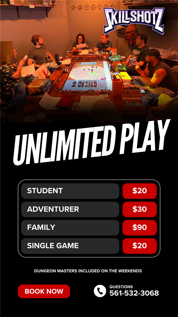 Obtener información y comprar entradas para Individual, Family, Student, and Virtual Unlimited Membership Unlimited Play en SkillShotzGaming.