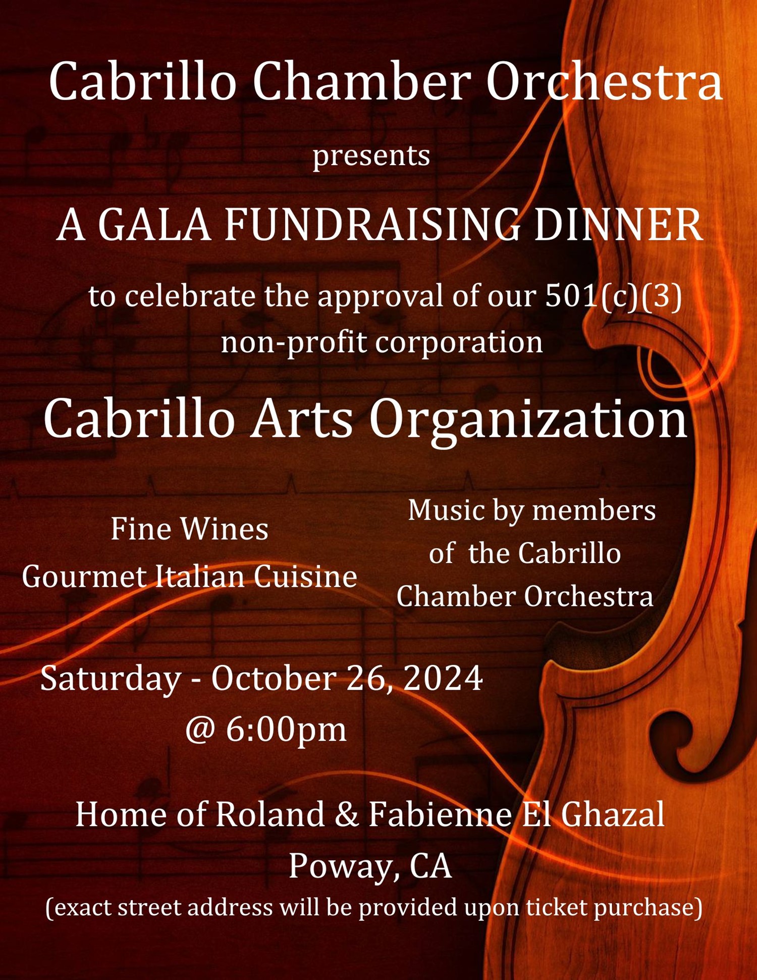Cabrillo Arts Organization - Fundraiser Dinner  on oct. 26, 18:00@Home of Roland & Fabienne El Ghazal - Achetez des billets et obtenez des informations surCabrillo Chamber Orchestra 