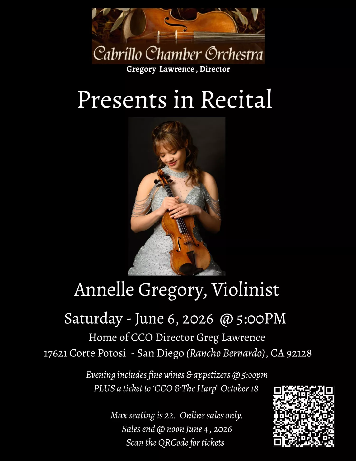 Get information & buy tickets toCCO presents: Annelle Gregory, Violinist  on Jun 06, 17:00 @Home of Greg & Pam Lawrence | Cabrillo Chamber Orchestra