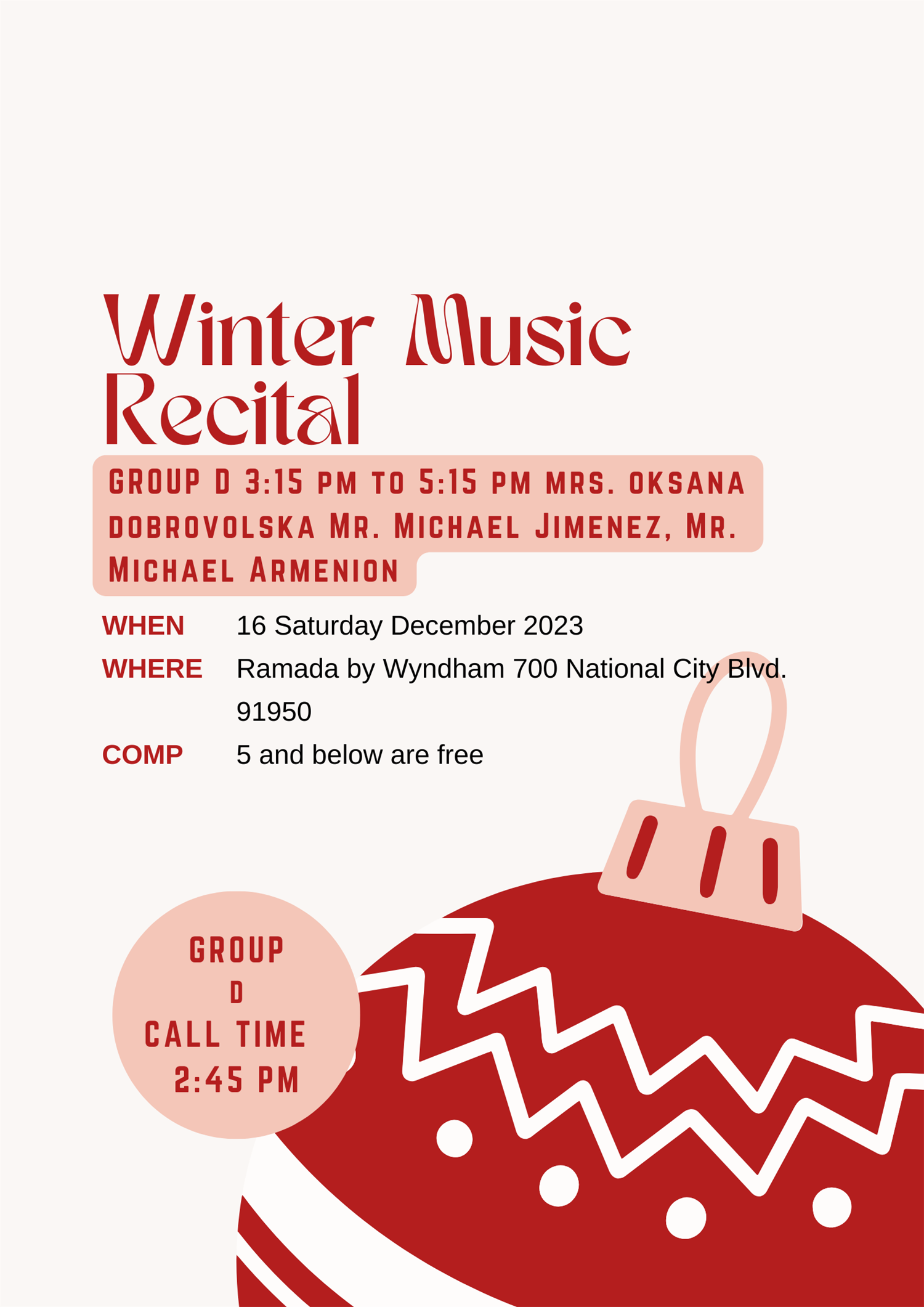 Group D Winter Music Recital 3:15 to 5:15 pm image