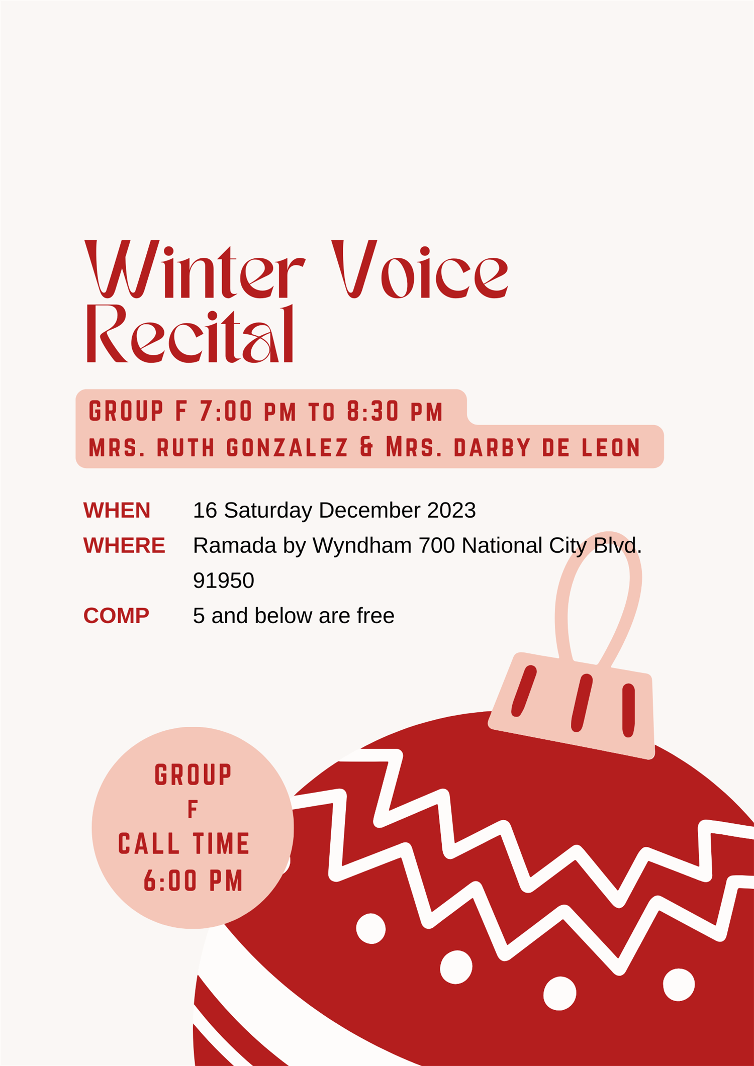 Group F Winter Voice Recital 7:00 pm to 8:30 pm image