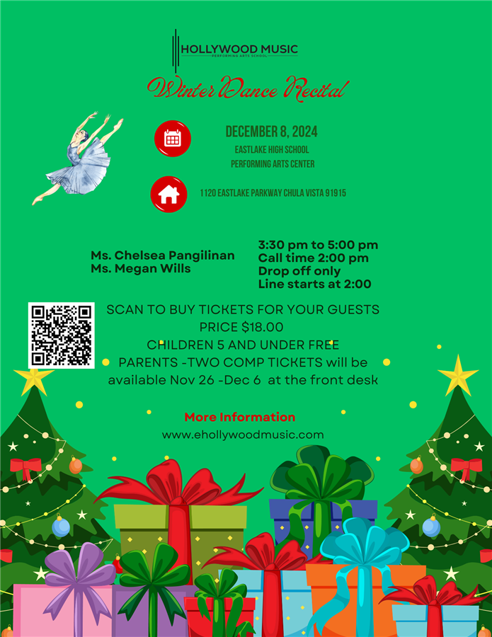 Get Information and buy tickets to Winter Dance Recital 2024 3:30-5:00 pm Ms. Chelsea Pangilinan/Ms. Megan Wills on Hollywood Music