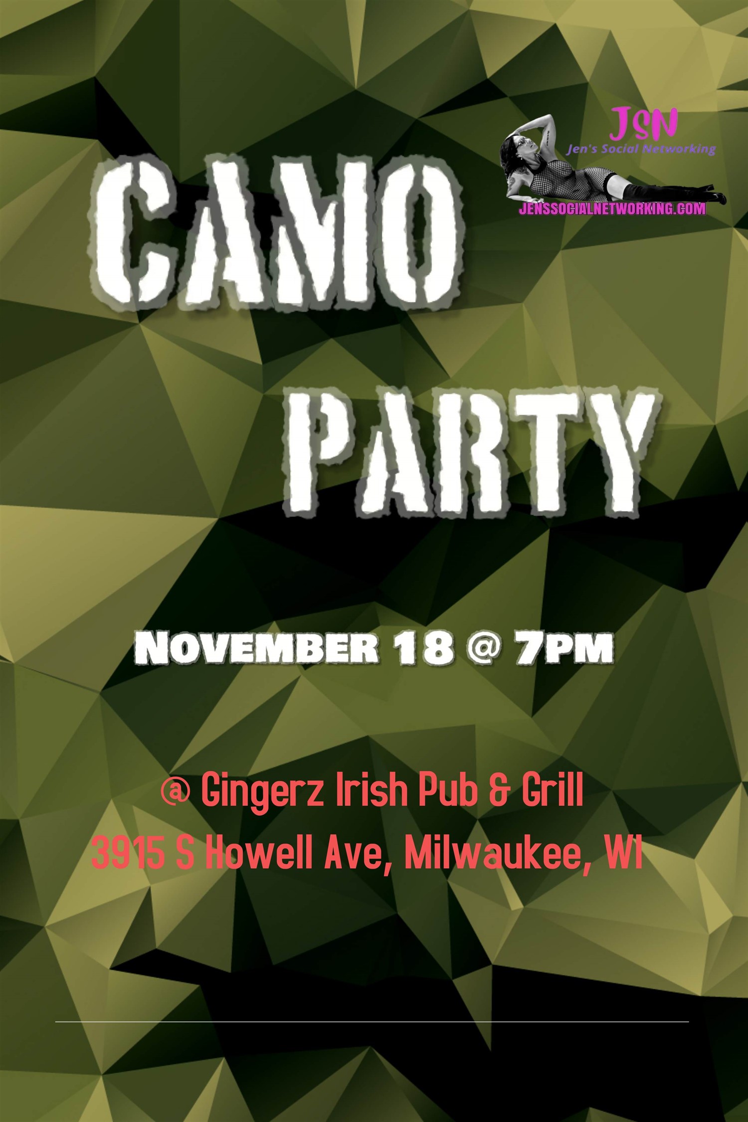 Camo Meet & Greet Bar Takeover on Nov 18, 19:00@Gingerz Sports Pub and Grill - Buy tickets and Get information on Jen's Social Networking 