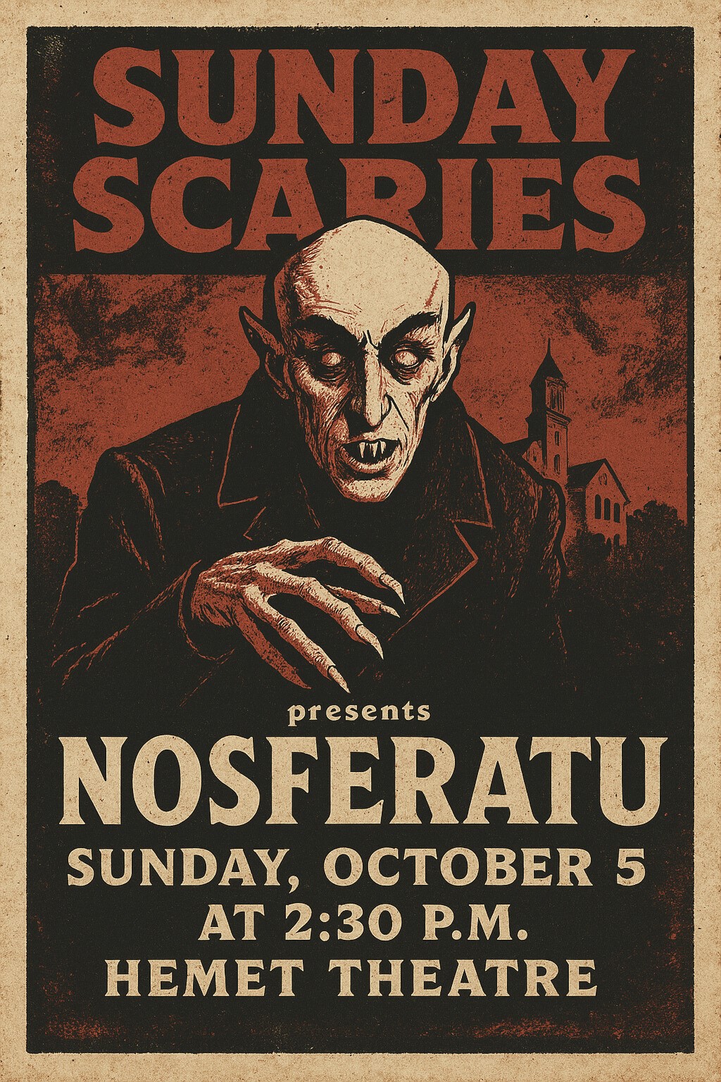 Get information, pick a seat & buy tickets to Sunday Scaries -Vintage Reel Revival Nosferatu (1922) on Oct 05, 14:30 @HEMET THEATRE 2025 | Hemet Theatre