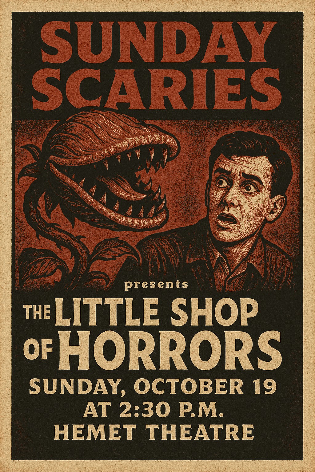 Get information, pick a seat & buy tickets to Sunday Scaries -Vintage Reel Revival Little Shop of Horrors (1960) on Oct 19, 14:30 @HEMET THEATRE 2025