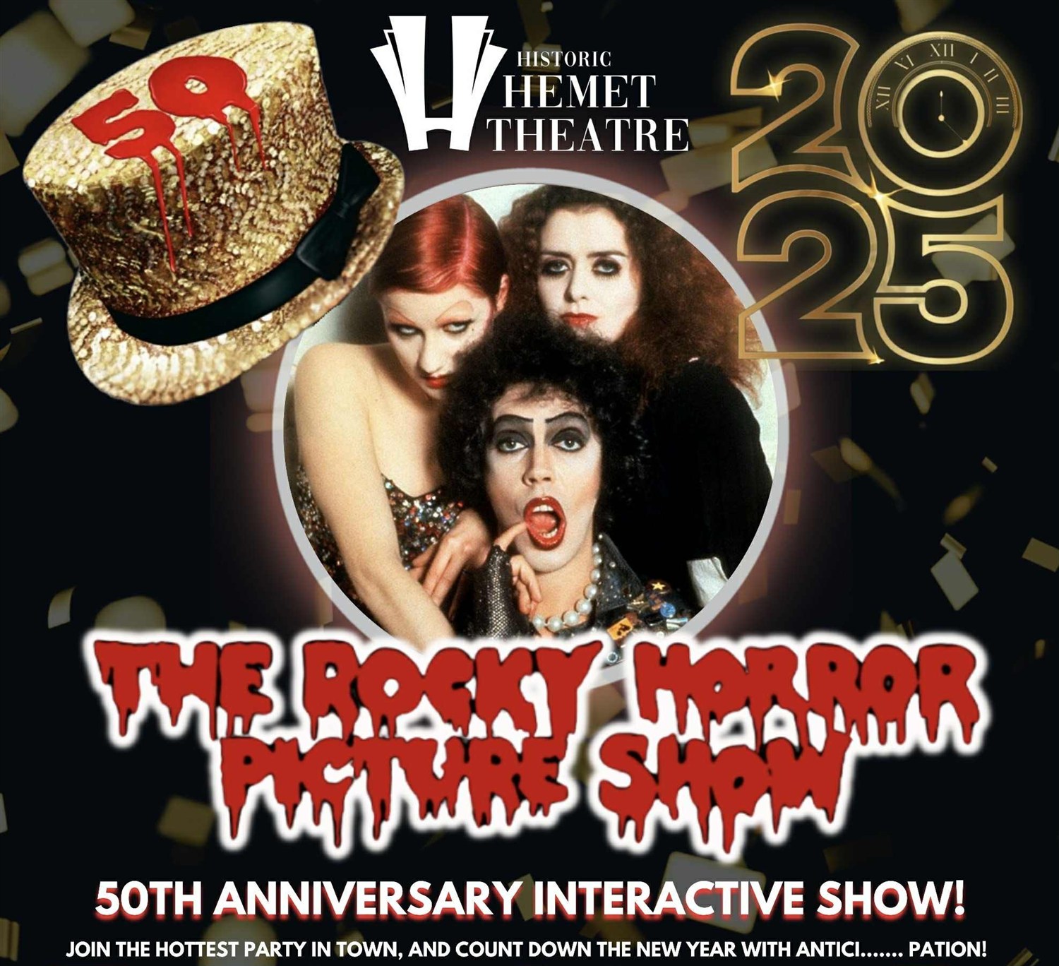 Get information, pick a seat & buy tickets toRocky Horror Picture Show 50th Anniversary Interactive Experience on Jan 12, 00:00 @HEMET THEATRE 2025