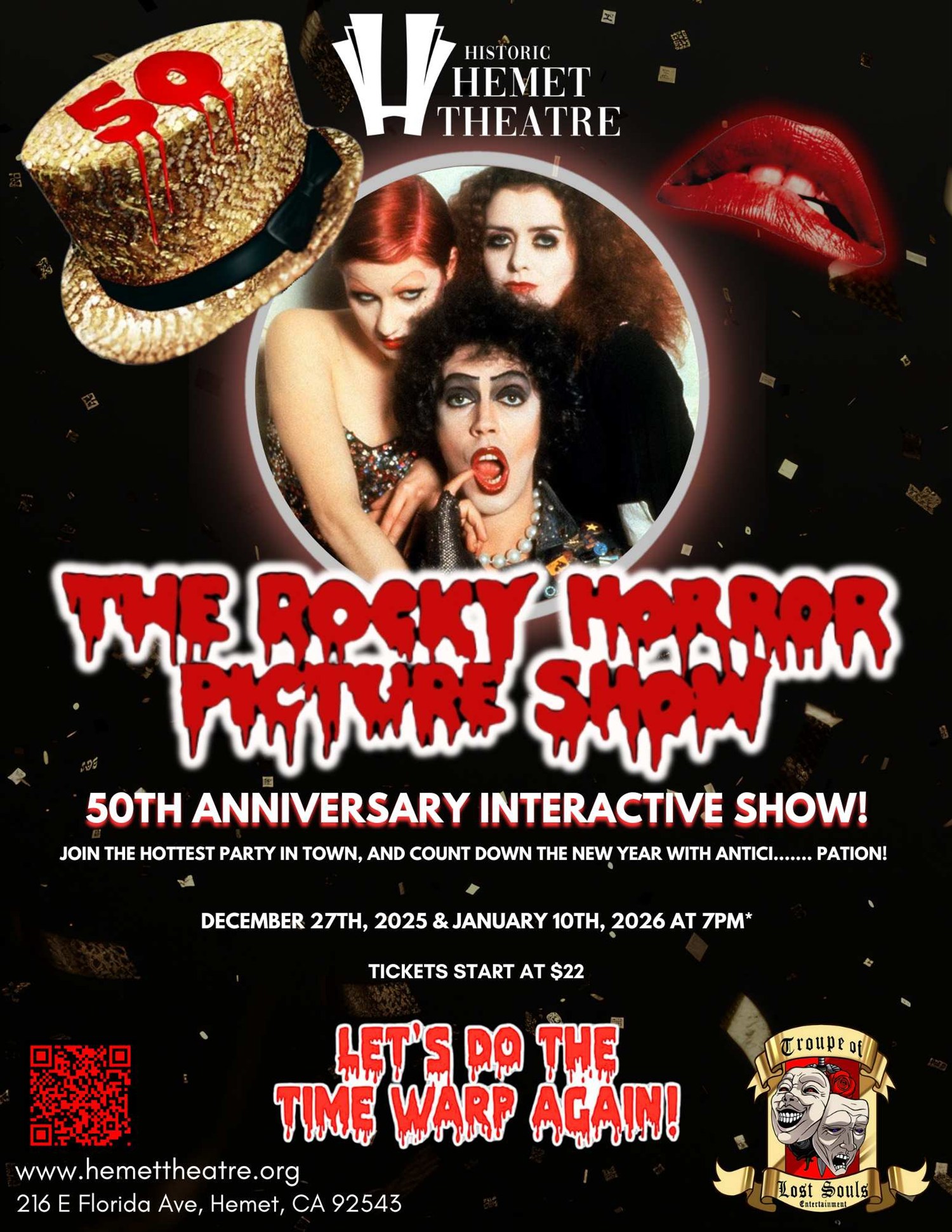 Get information, pick a seat & buy tickets toRocky Horror Picture Show 50th Anniversary Interactive Experience on Jan 12, 00:00 @HEMET THEATRE 2025