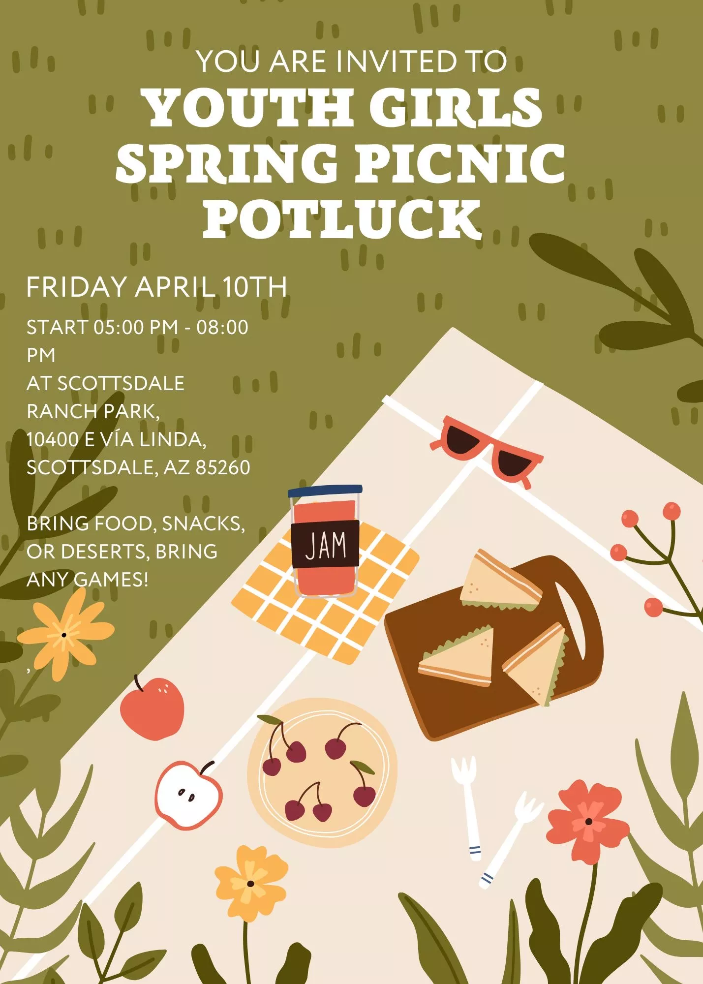 Get information & buy tickets toYouth Girls Spring Picnic Potluck  on Apr 10, 17:00 @10400 E Via Linda, Scottsdale, AZ 85260 | ICNEV Scottsdale