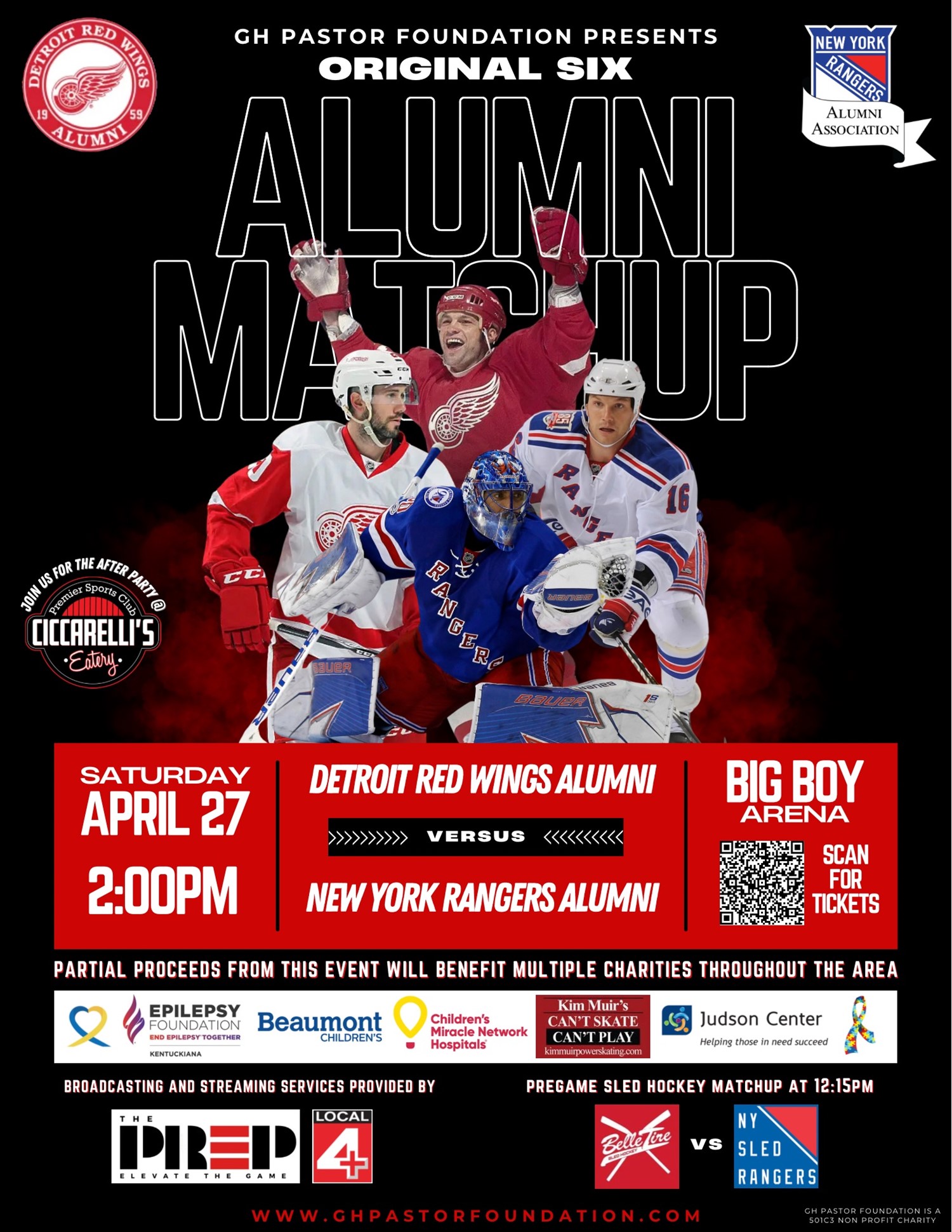 ORIGINAL SIX ALUMNI MATCHUP DRW Alumni VS. NYR Alumni, Belle Tire Sled Hockey VS. New York Sled Rangers on Apr 27, 14:00@BIG BOY ARENA - Pick a seat, Buy tickets and Get information on GH Pastor Foundation for Kids nhlalumniseries