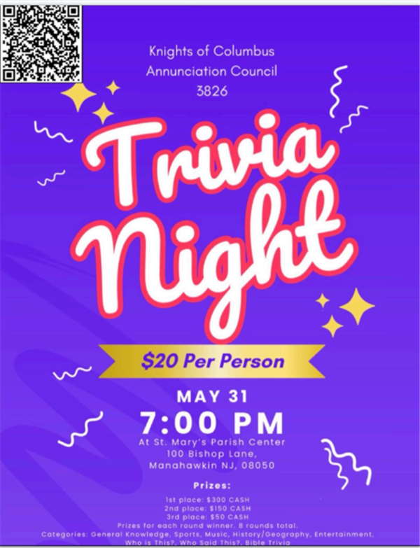 Trivia Night  on mai 31, 19:00@St Mary's Parish Center - Achetez des billets et obtenez des informations surKofc3826 