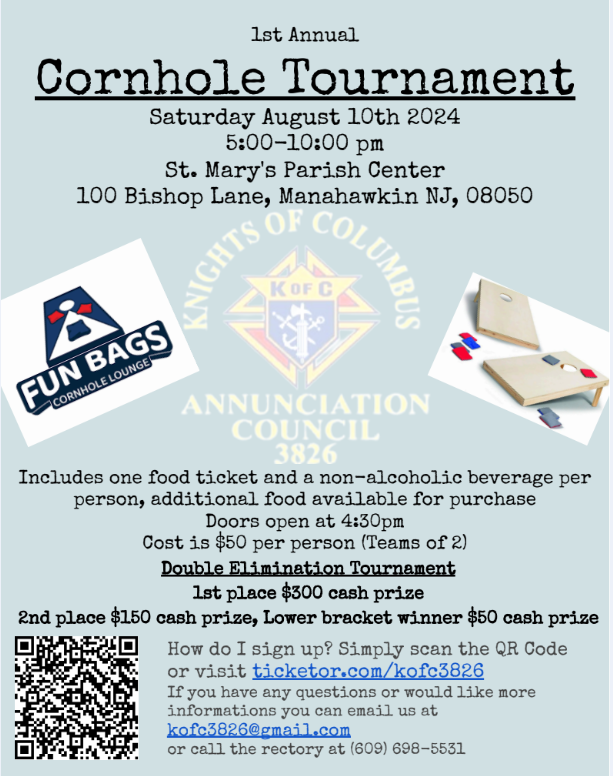 Cornhole Tournament  on Aug 10, 17:00@St Mary's Parish Center - Buy tickets and Get information on Kofc3826 