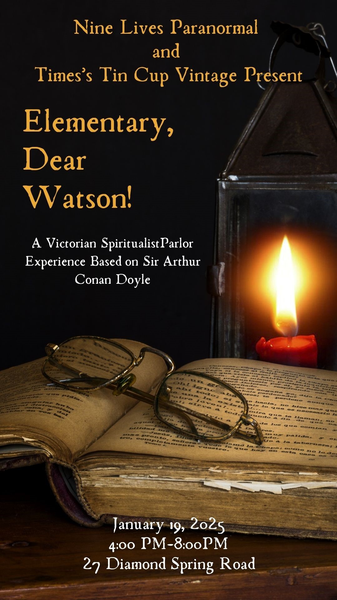 Get information & buy tickets to Elementary, Dear Watson! A Victorian Parlor Experience on Jan 19, 16:00 @Time's Tin Cup Vintage | Nine Lives Paranormal