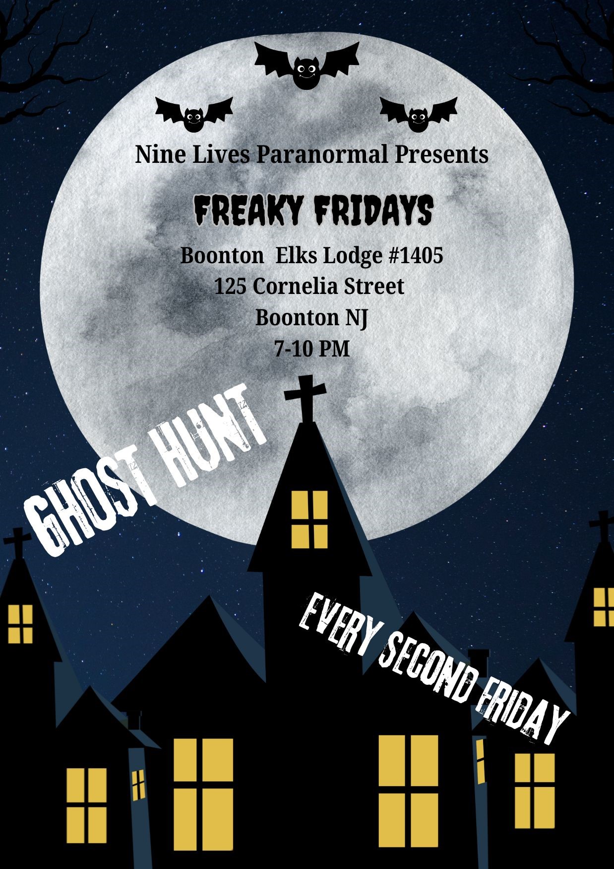 Get information & buy tickets to Freaky Friday Ghost Hunt Boonton Elks on Feb 15, 00:00 @Boonton Elks Lodge | Nine Lives Paranormal