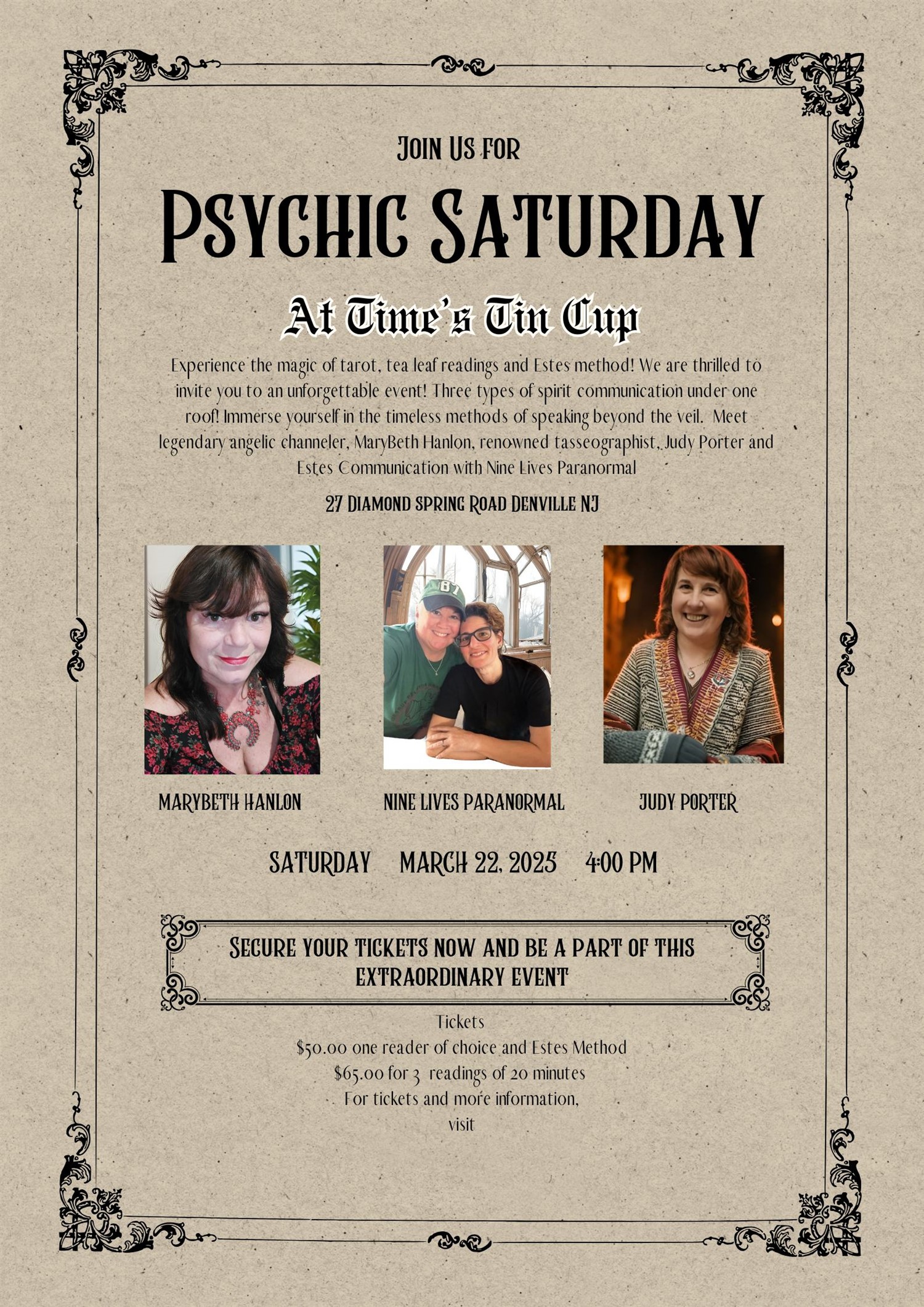 Get information & buy tickets to Psychic Saturday  on Mar 22, 16:00 @Time's Tin Cup Vintage | Nine Lives Paranormal