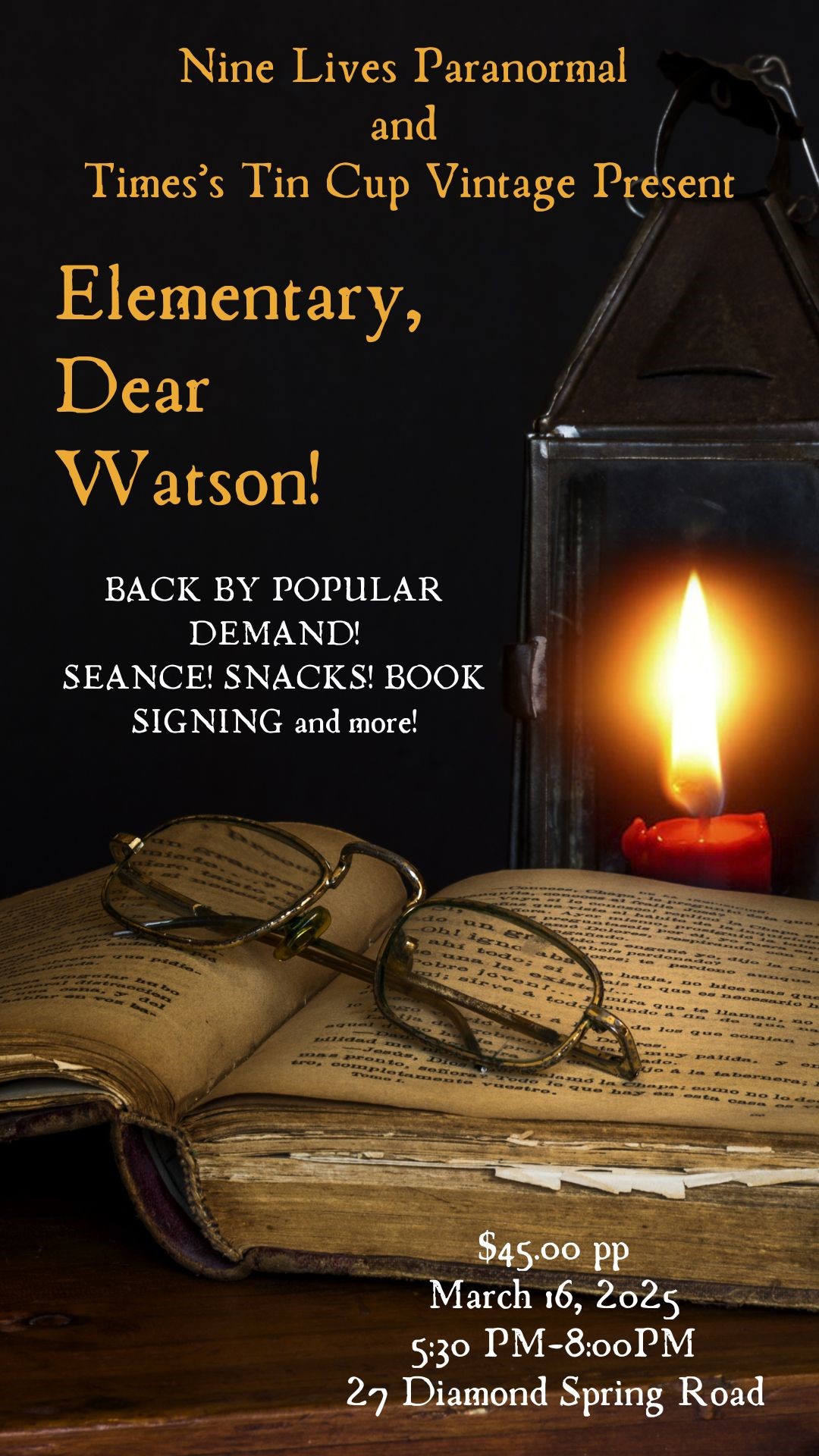 Get information & buy tickets to Elementary Dear Watson  on Mar 16, 17:30 @Time's Tin Cup Vintage | Nine Lives Paranormal