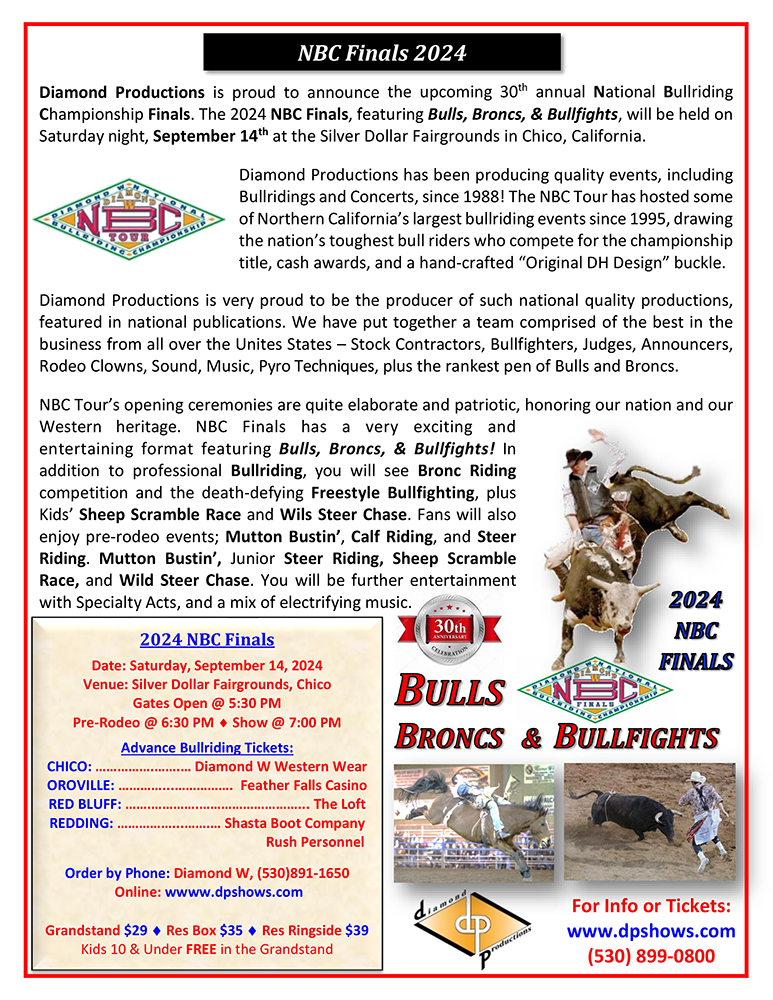 NBC Finals - 30th Annual Bulls, Broncs, & Bullfights on Sep 14, 18:30@Silver Dollar Fairgrounds, Chico - Buy tickets and Get information on Diamond Productions 