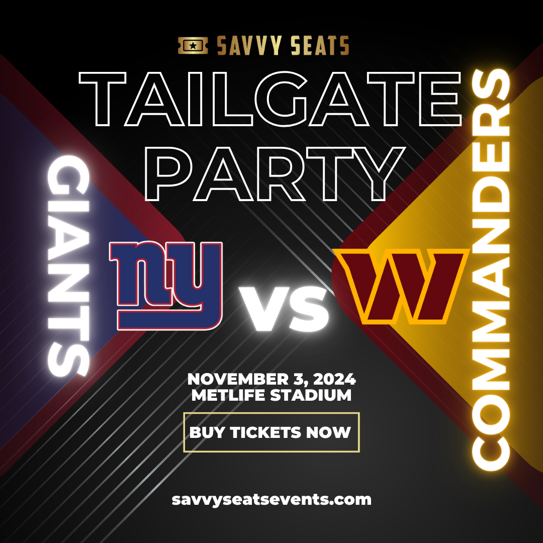 Giants vs Commanders Bus and Tailgate Party New York Giants Tailgate Party on Nov 03, 10:00@B Parking Lot American Dream - Buy tickets and Get information on Savvy Seats savvyseatsevents.com