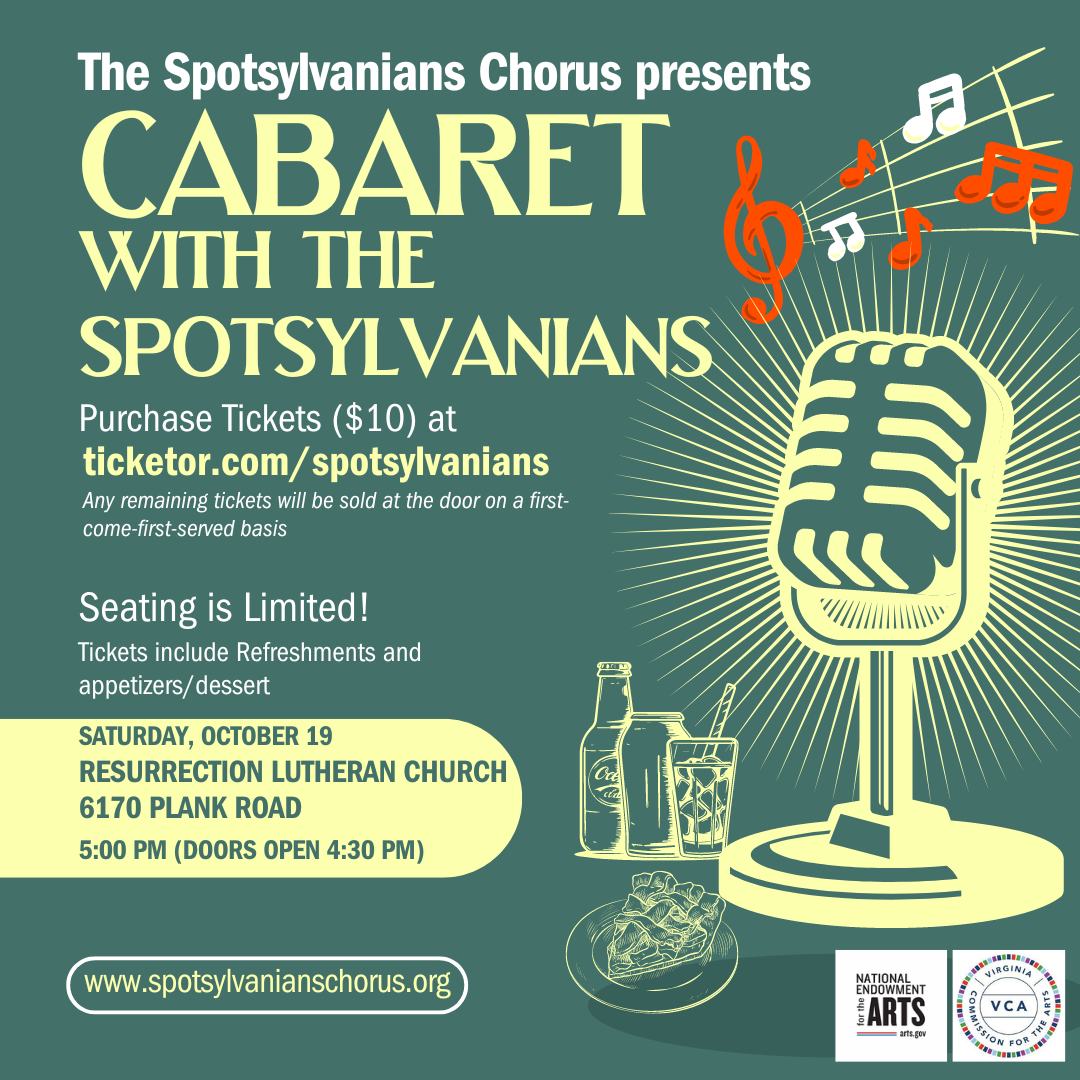 Get information & buy tickets to Cabaret with the Spotsylvanians with refreshments and appetizers/dessert! on Oct 19, 17:00 @Resurrection Lutheran Church