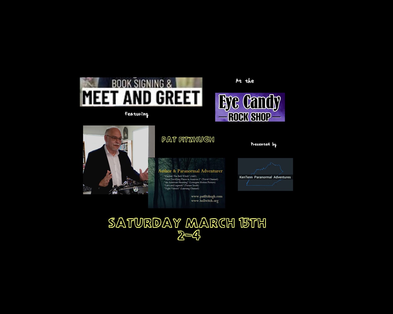 Get information & buy tickets to Book Signing + Meet and Greet with Pat Fitzhugh  on Mar 15, 14:00 @Eye Candy Rock Shop | KenTenn Paranormal Adventures