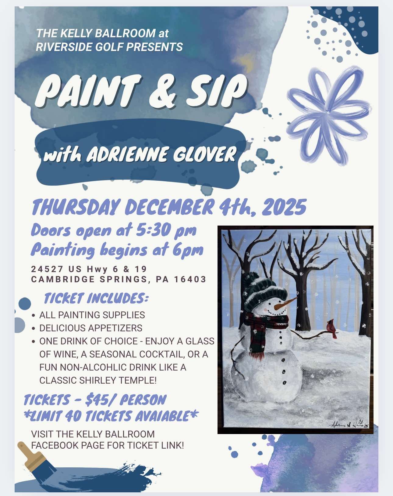 Get information & buy tickets toPaint & Sip Painting by Adrienne (Hanas) Glover on Dec 04, 17:30 @The Kelly Ballroom at Riverside Golf | Riverside Golf