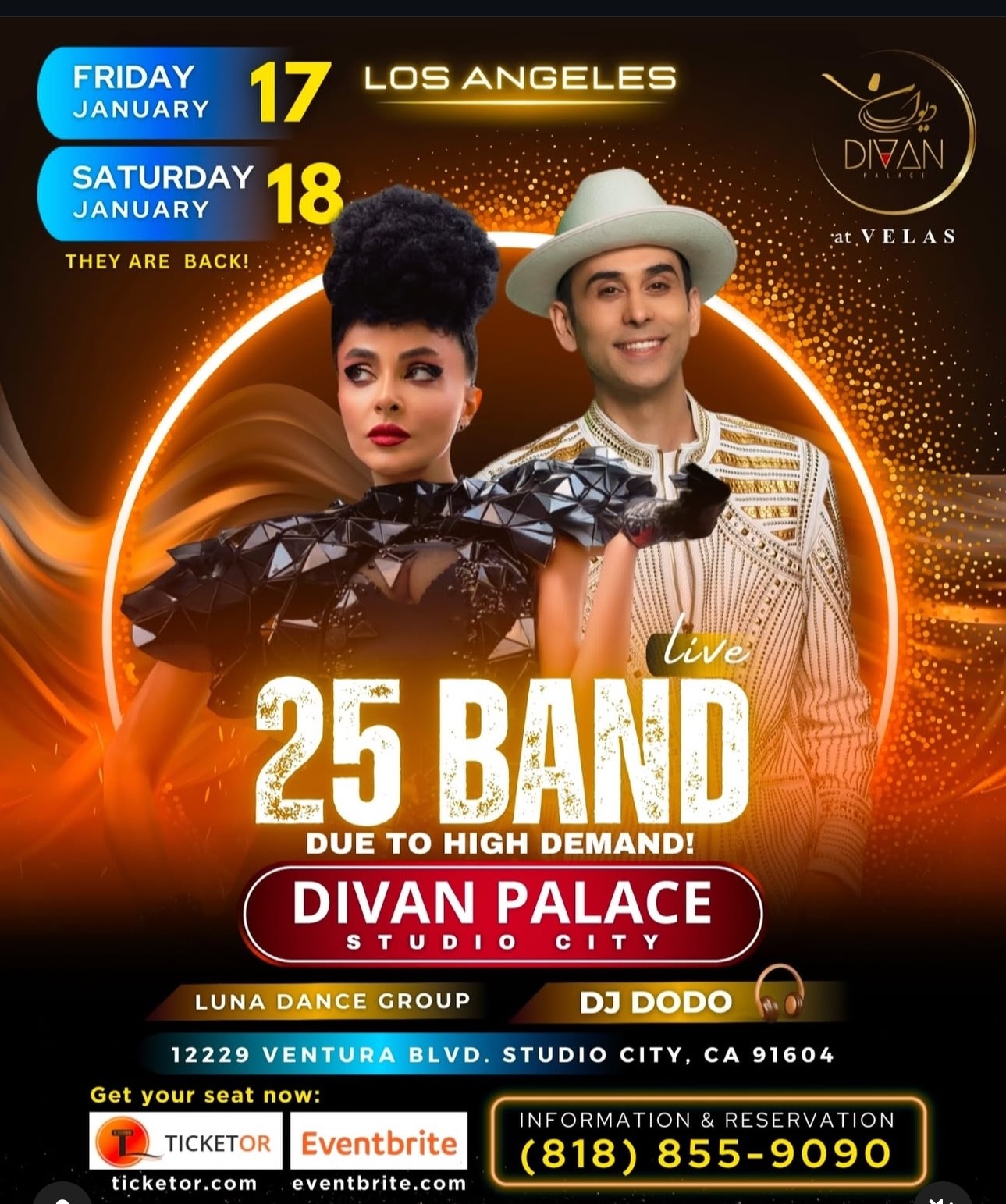 Get information & buy tickets to 25 Band Live at Divan Palace Live Music, and Dinner with Mehrdad Ekhtraiy, Luna Dance and DJ DoDo on Jan 17, 21:00 @Divan Palace