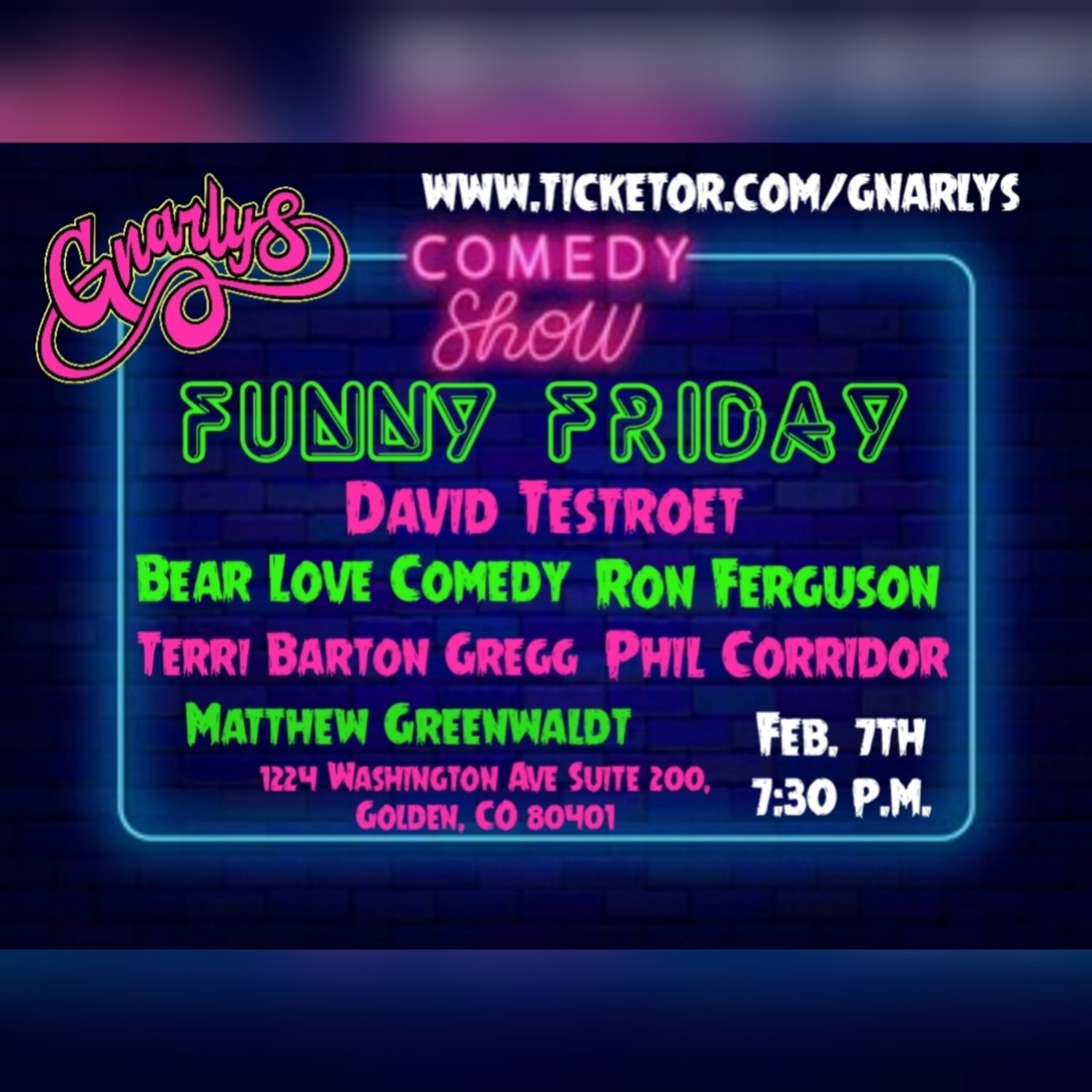 Get information & buy tickets to David Testroet w/friends Funny Friday's  on Feb 07, 19:30 @Gnarly's | Gnarly's