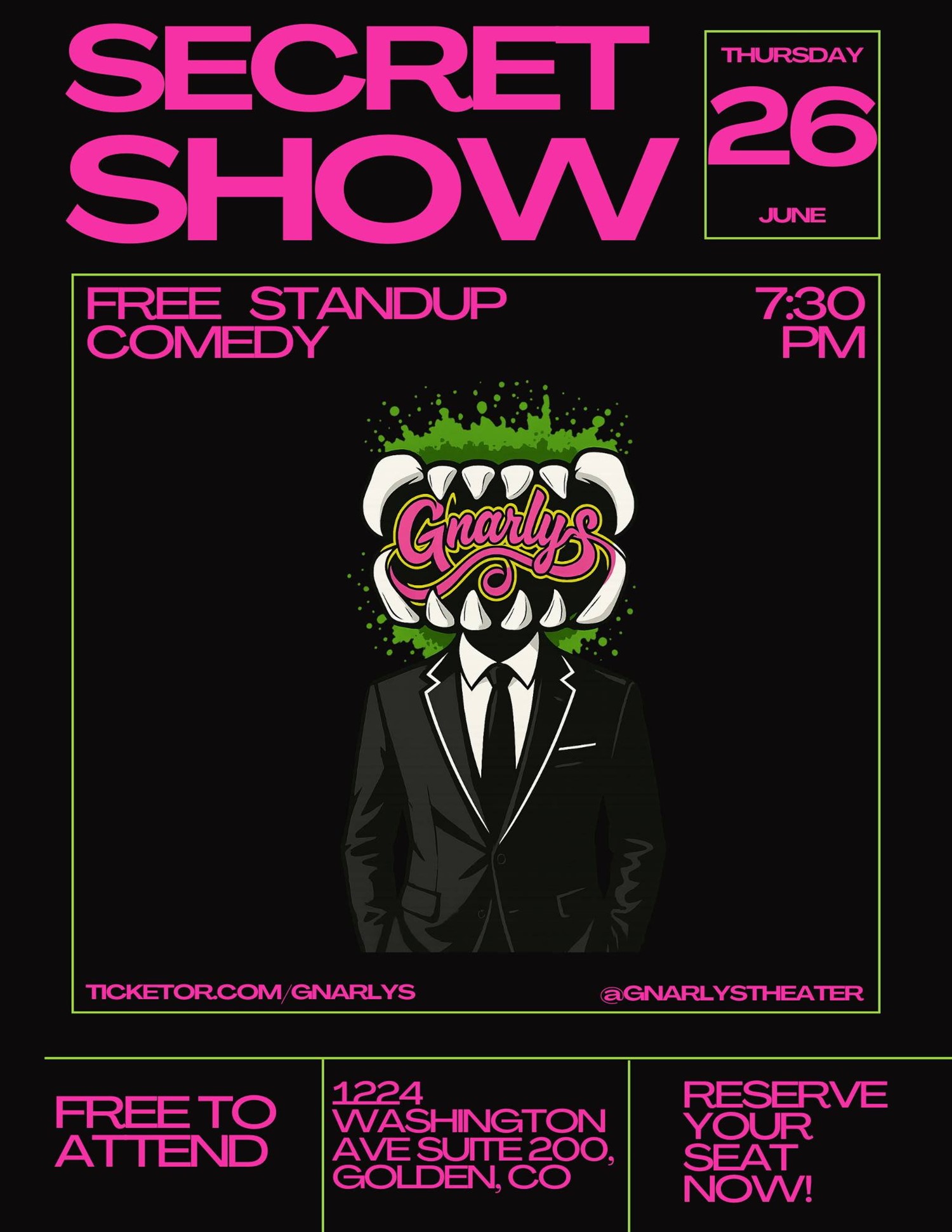Get information & buy tickets to Secret Show (free) Stand up Comedy on Jun 26, 19:30 @Gnarly's | Gnarly's