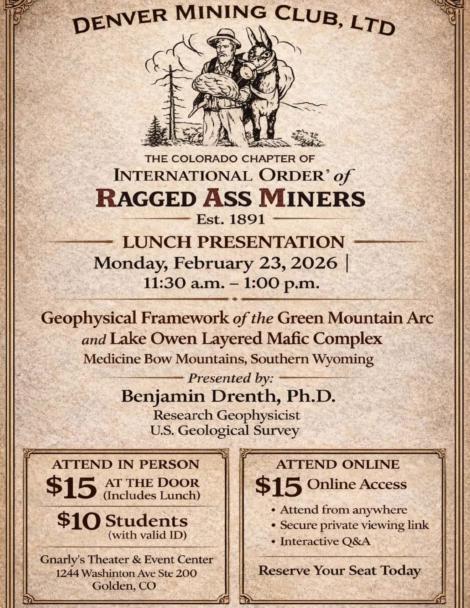 Get information & buy tickets toDenver Mining Club Live Geophysical Framework of the Green Mountain Arc | Benjamin Drenth, Ph.D. on Feb 23, 12:00 @Gnarly's