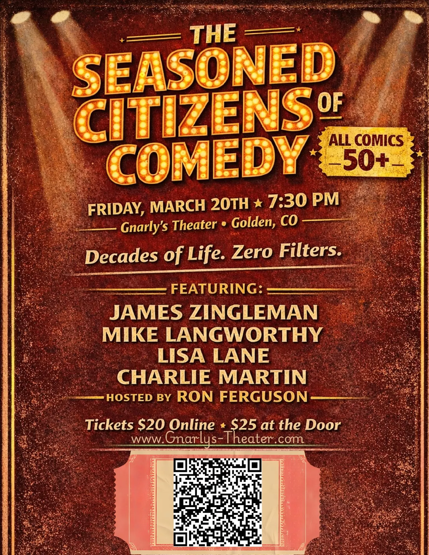 Get information & buy tickets toThe Seasoned Citizen Of Comedy All Comedian 50+ Show on Mar 20, 19:30 @Gnarly's | Gnarly's