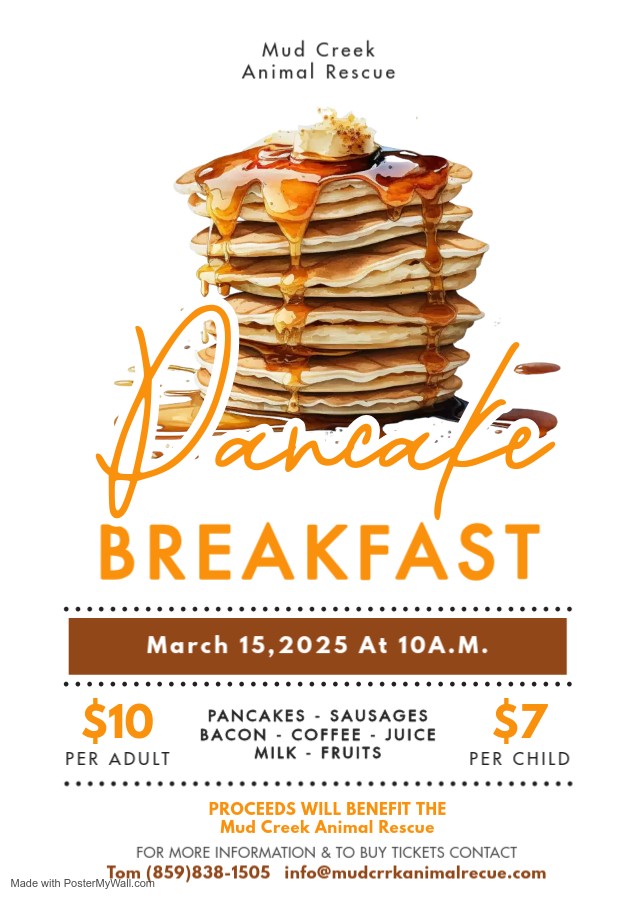 Obtenez des informations et achetez des billets pourPancake breakfast  on mars 15, 10:00 @Pancake Breakfast | Mudcreek Animal Rescue