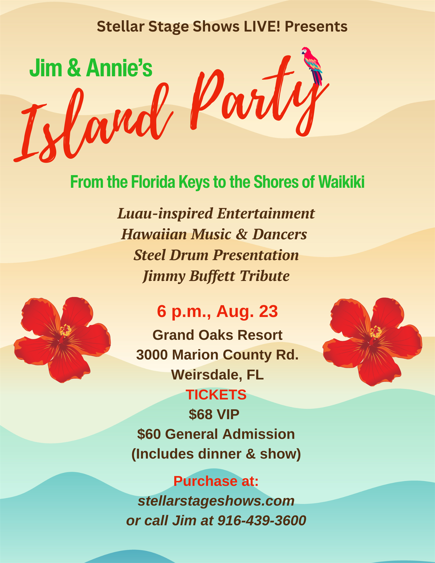 Get information & buy tickets toJim & Annie’s Island Party – Dinner Theatre at Grand Oaks Resort  on Aug 23, 18:00 @The Grand Oaks Resort-West Gallery