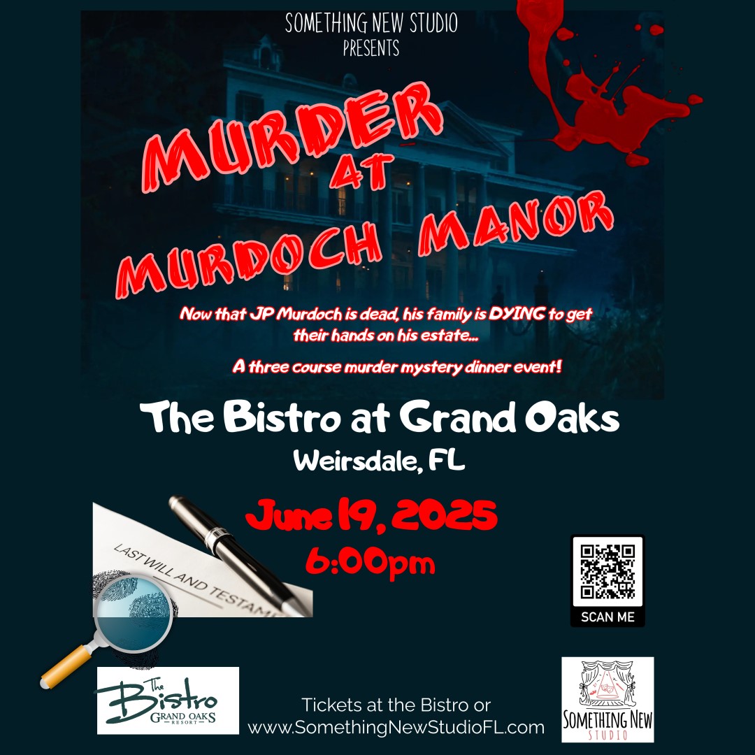 Get information & buy tickets to Murder Mystery, Murder at Murdoch Manor, June 19,2025  on jun. 19, 18:00 @The Bistro at Grand Oaks | Grand Oaks Resort