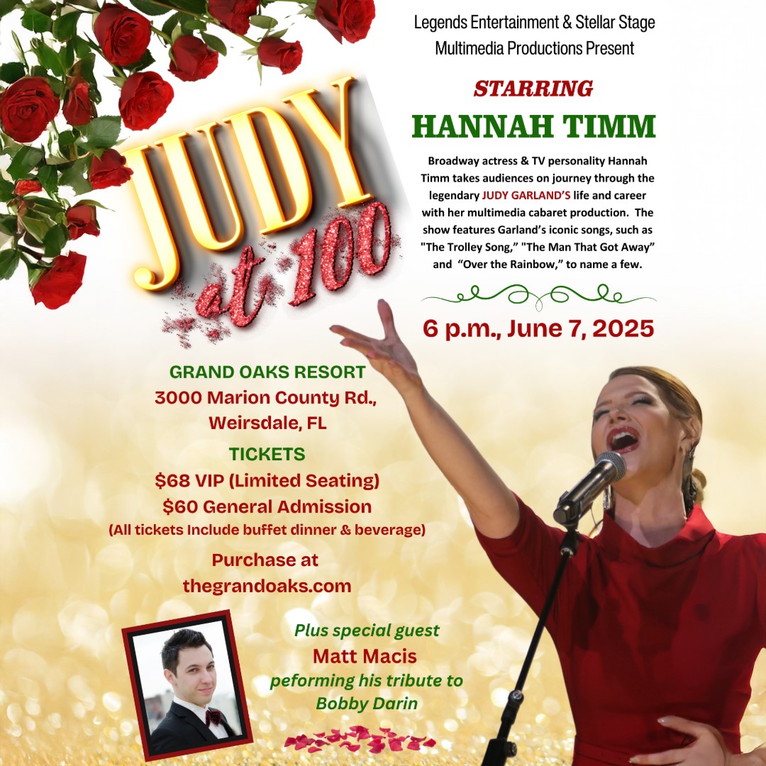 Get information & buy tickets to Broadway actress Hannah Timm brings the legendary Judy Garland to life in “Judy at 100”  on Jun 07, 18:00 @The Grand Oaks Resort-West Gallery