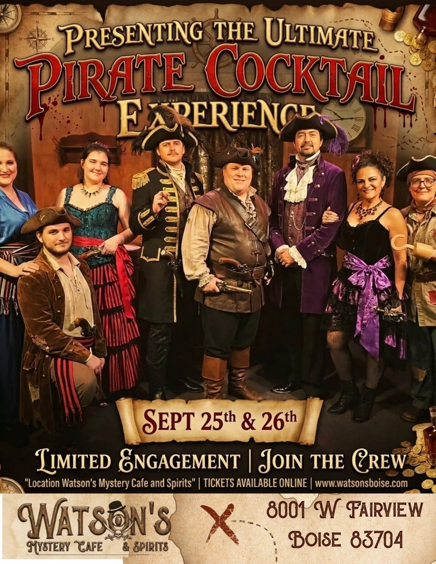 Get information & buy tickets toCopy:Tides of Treason: A Pirate Cocktail Experience (21+)  on Sep 26, 18:30 @Watson's Mystery Cafe & Spirits