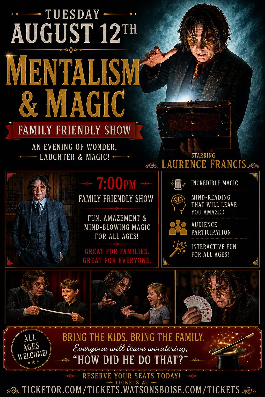 Pick a seat & buy tickets toWatson's presents the amazing Lawrence Francis 2026 Tour: Magic and Mentalism  on Aug 12, 19:00 @Watson's Mystery Cafe & Spirits