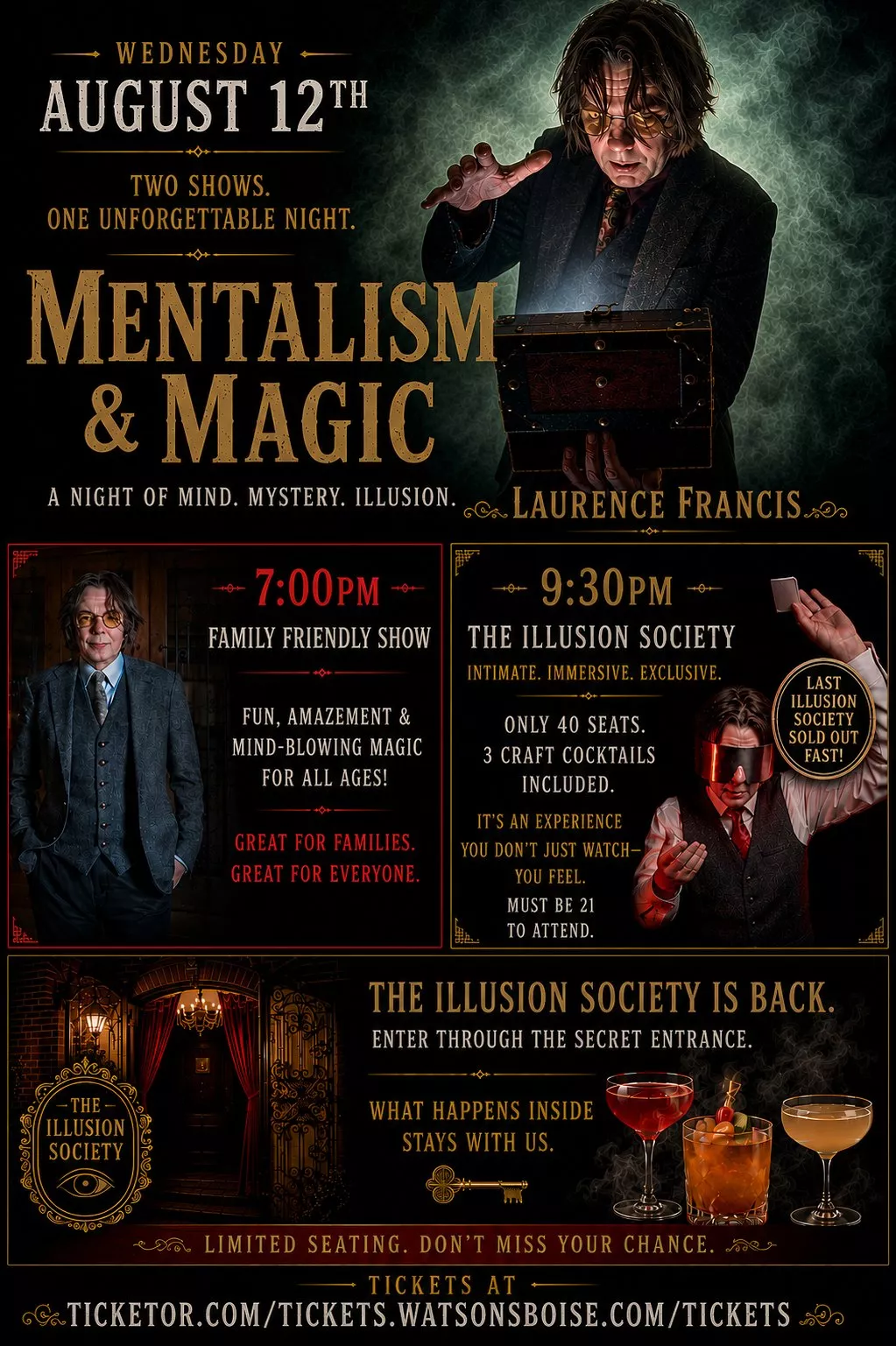 Pick a seat & buy tickets toWatson's presents the amazing Lawrence Francis 2026 Tour: Magic and Mentalism  on Aug 12, 19:00 @Watson's Mystery Cafe & Spirits