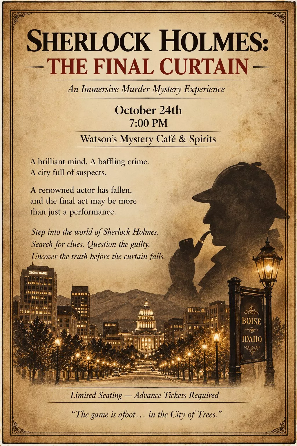 Get information, pick a seat & buy tickets toSherlock Holmes: The Final Curtain  on Oct 24, 19:00 @Watson's Mystery Cafe & Spirits