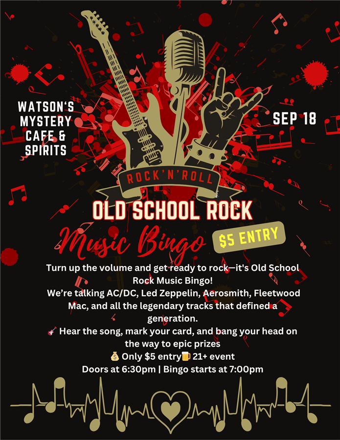 Old School Rock Music Bingo! $5 Entry-Prizes for Winners