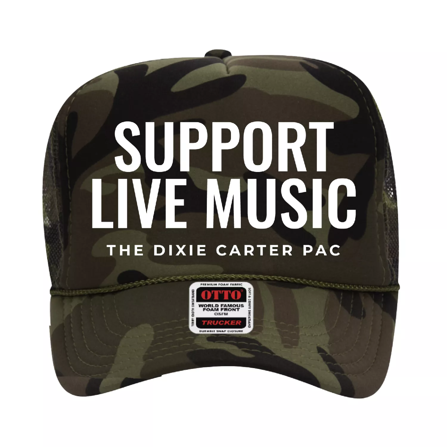 Camo Otto hats with white print. 