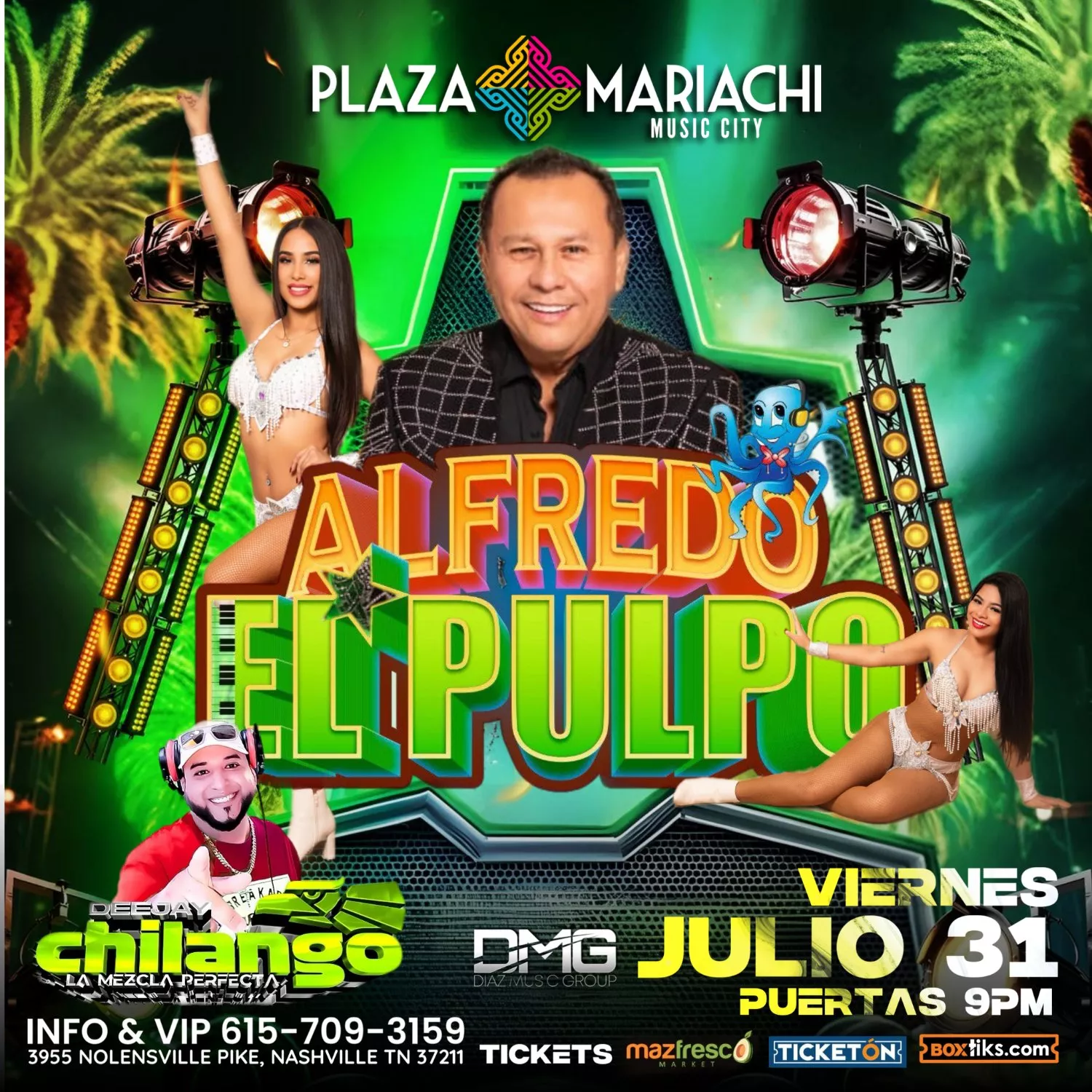 Get information, pick a seat & buy tickets toAlfredo el Pulpo y sus Teclados En VIVO en Nashille on Jul 31, 21:00 @Copy:Plaza Mariachi Music City | BoxTiks