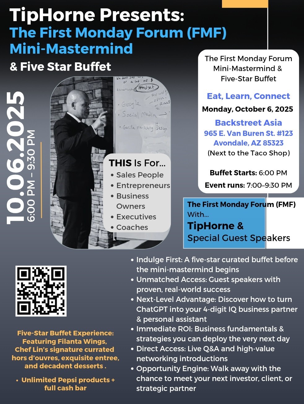 Buy tickets toTipHorne The First Monday Forum & Five-Star Buffet A Mini-Mastermind & ChatGPT Workshop for Entrepreneurs, Executives & Sales Leaders on Oct 06, 18:00 @Backstreet Asia