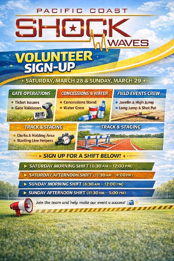 Get Information and buy tickets to March 27th - March 29th Track Meet Volunteer Signup  on Pacific Coast Shockwaves