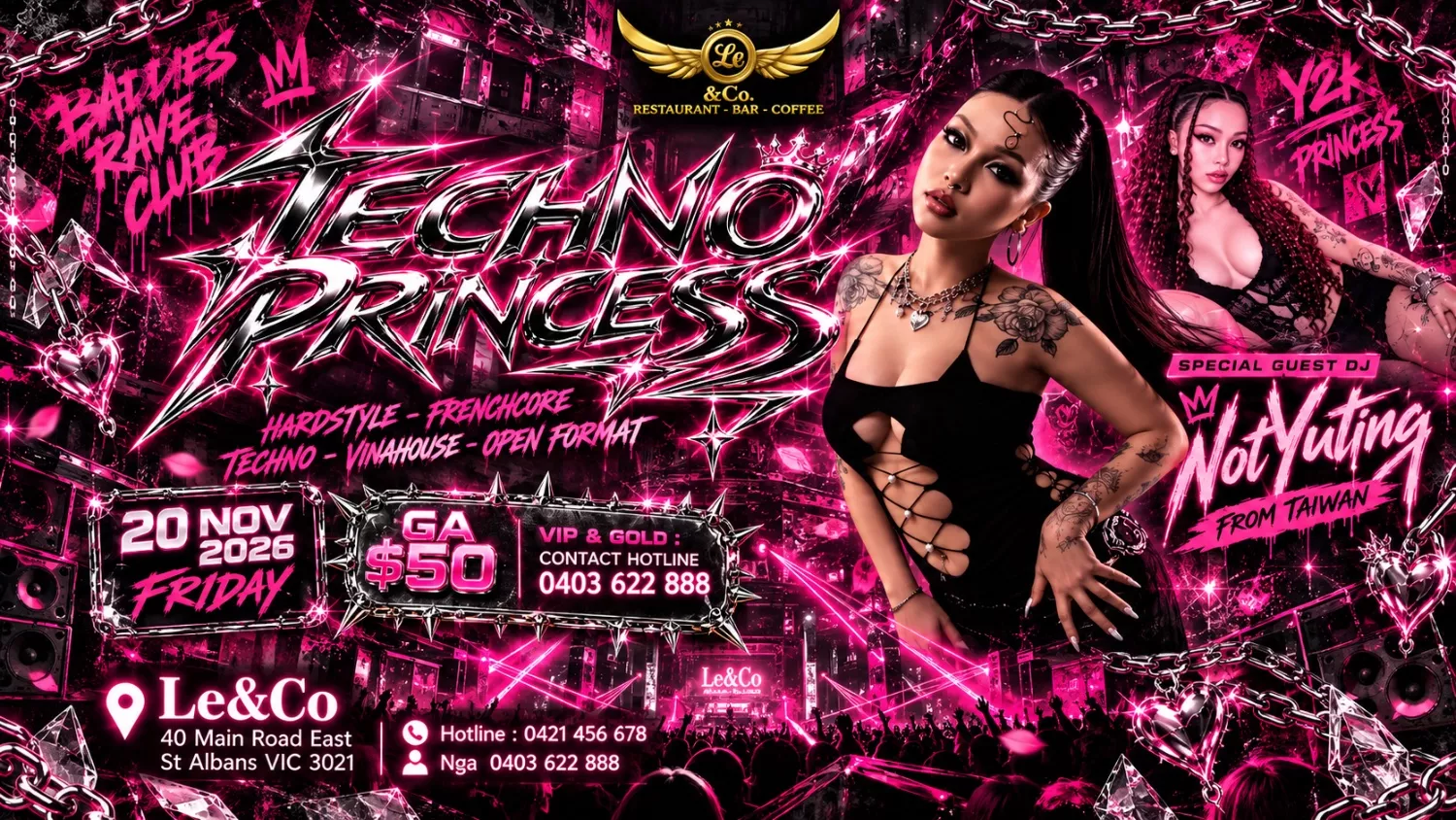 Get information & buy tickets toTECHNO PRINCESS – NOTYUTING LIVE FROM TAIWAN Hardstyle - Techno - Vinahouse - Vietmix on Nov 20, 20:00 @Le&amp;Co Restaurant Bar Coffee