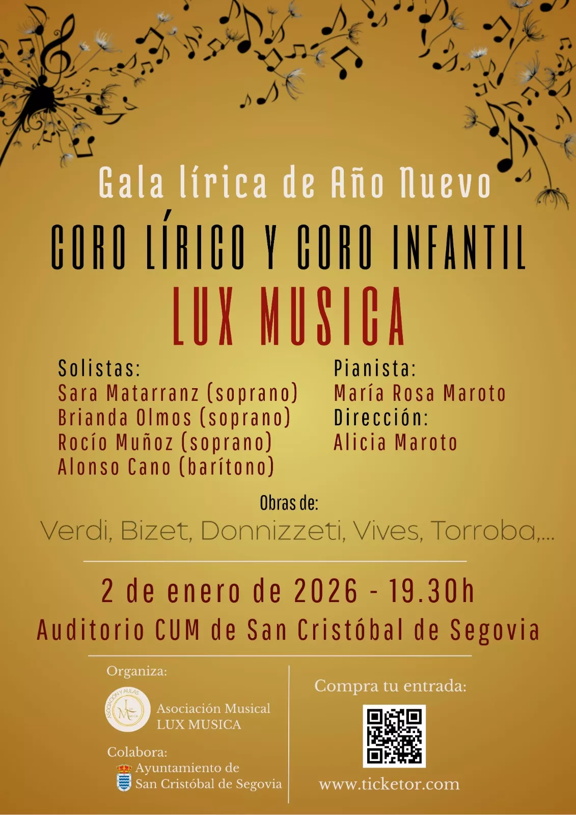 Get information & buy tickets toGALA LÍRICA DE AÑO NUEVO Concierto de ópera y zarzuela on Jan 02, 19:30 @Sala CUM San Cristóbal de Segovia | Lux Musica