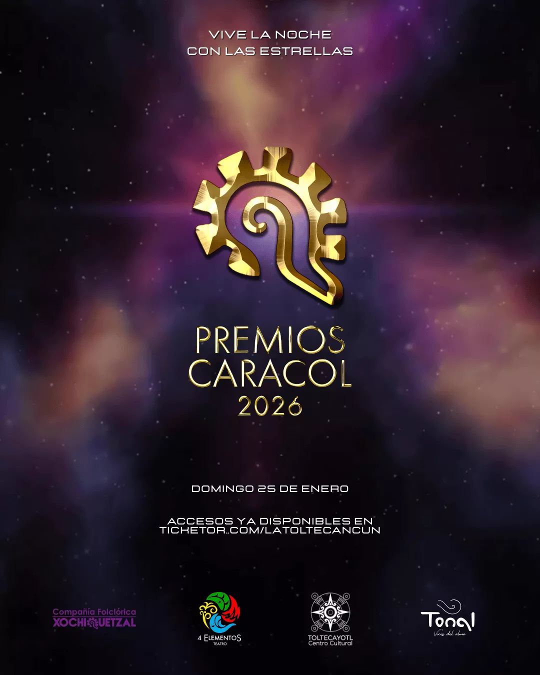 Get information, pick a seat & buy tickets toPREMIOS CARACOL 2026 La noche de las Estrellas on Jan 25, 19:00 @Centro Cultural Toltecayotl