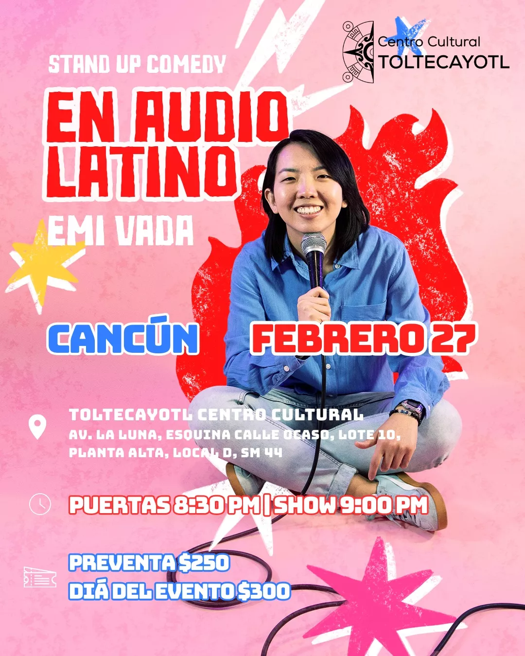 Get information, pick a seat & buy tickets toEN AUDIO LATINO Stand Up Comedy Emi Vada en Cancún on Feb 27, 20:30 @Centro Cultural Toltecayotl
