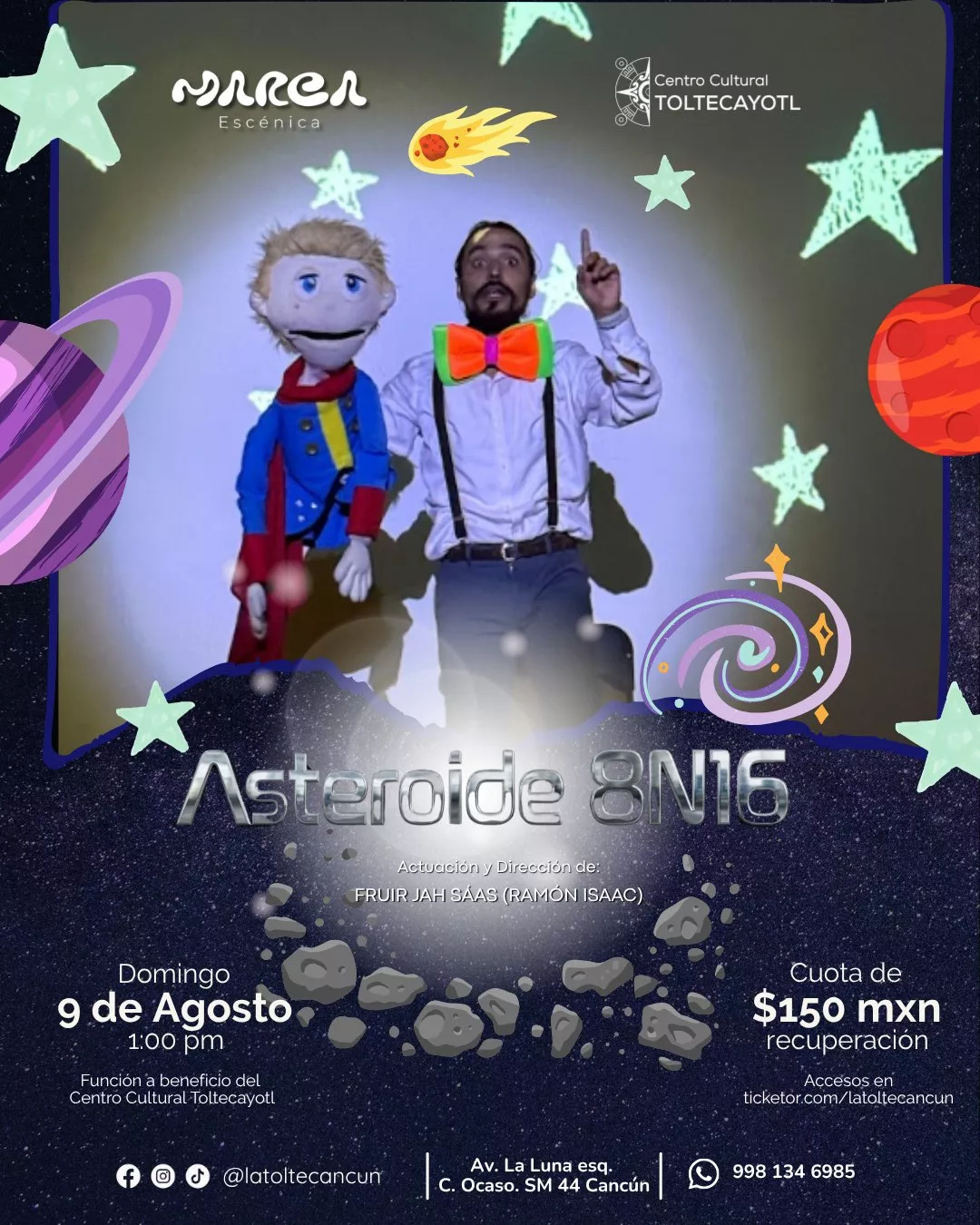 Get information, pick a seat & buy tickets toAsteroide 8N16 Teatro para niños on Aug 09, 13:00 @Centro Cultural Toltecayotl | Centro Cultural Toltecayotl