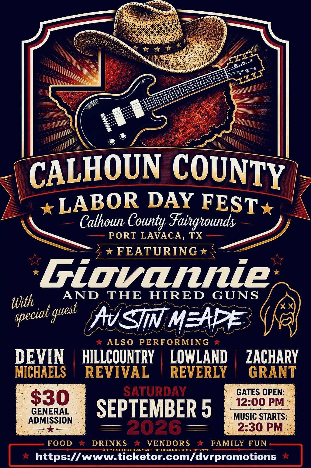 Get information & buy tickets toCalhoun County Labor Day Fest Featuring Giovannie and The Hired Guns on Sep 05, 12:00 @Calhoun county fairgrounds